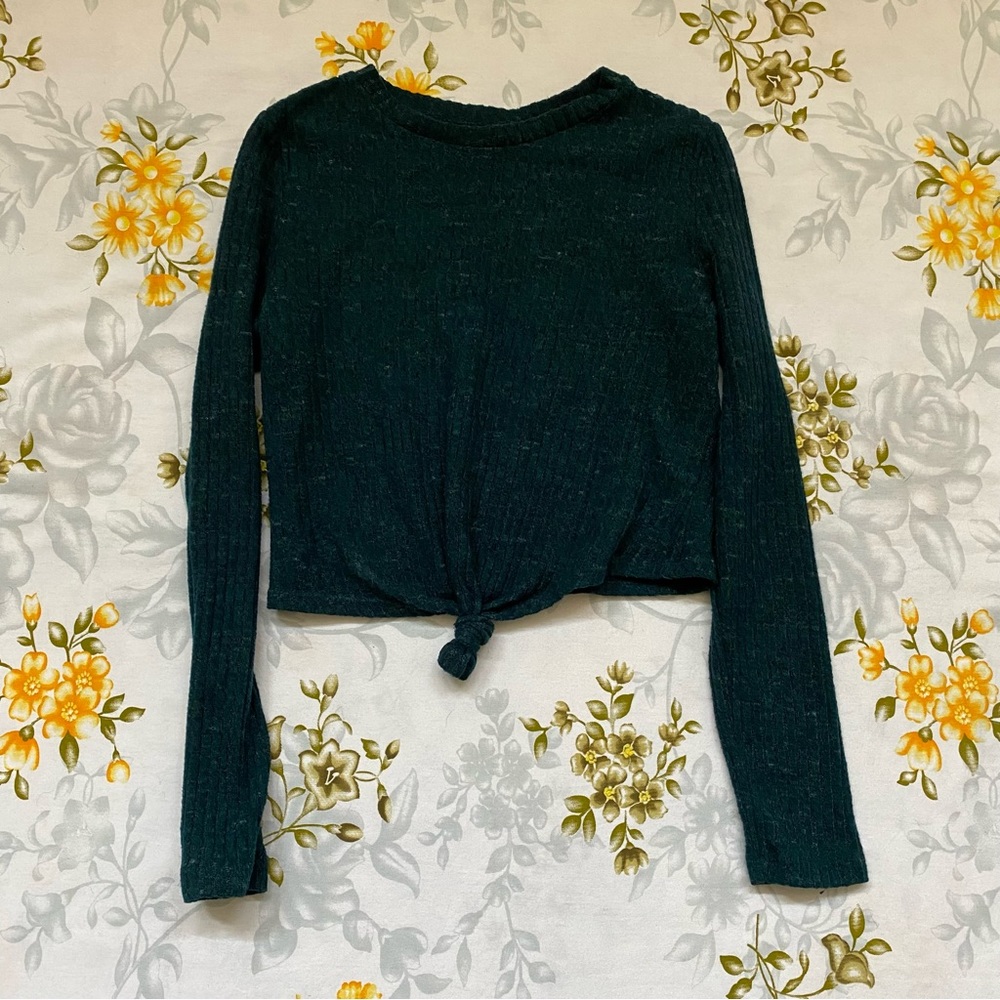 Iris Size S Blue Green Long Sleeve Tie Front Crop Top